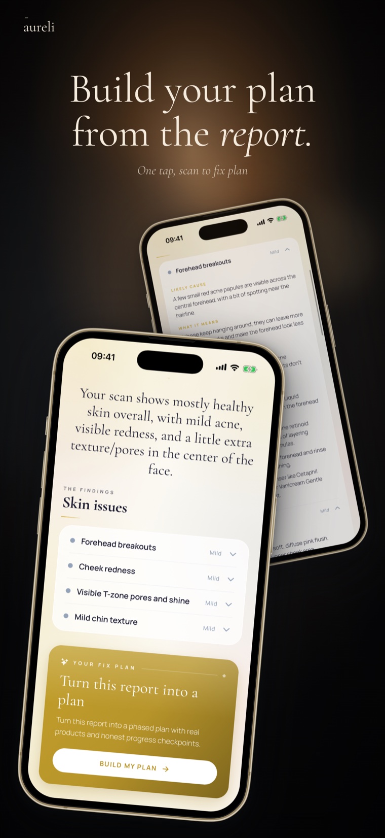 Build your plan from the report — Aureli names your skin issues