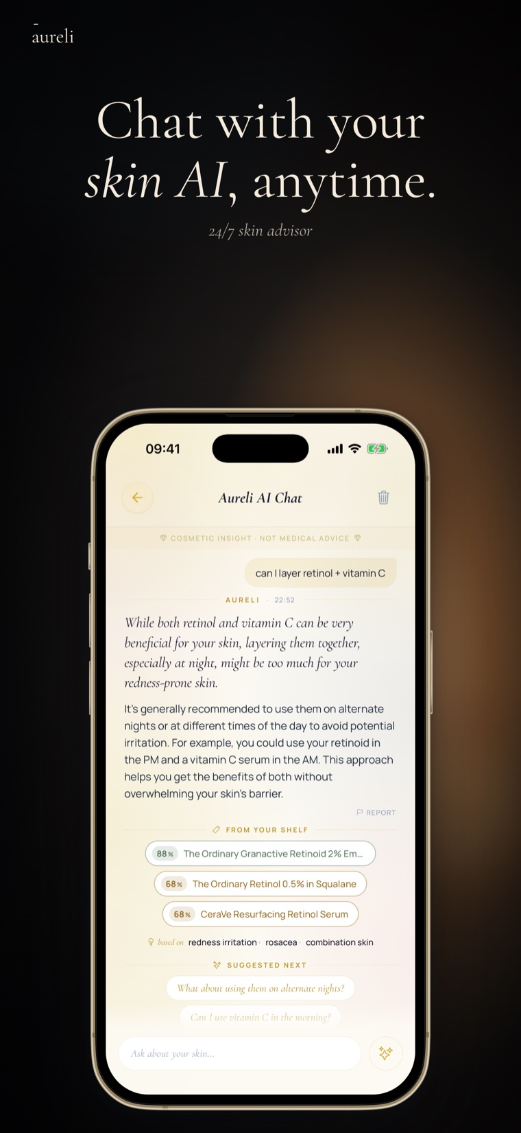Chat with your skin AI anytime — Aureli AI coach