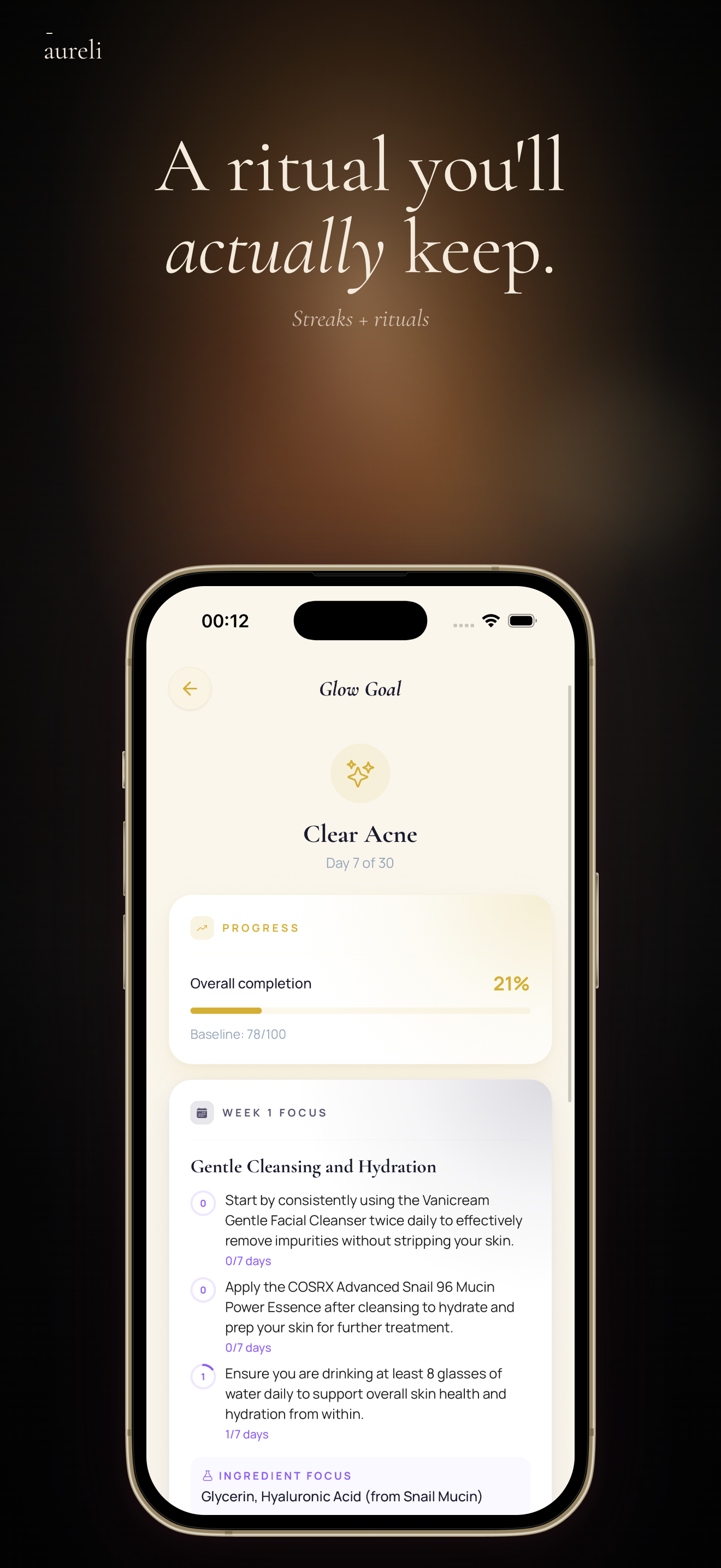 Aureli daily rituals, streaks and glow goals