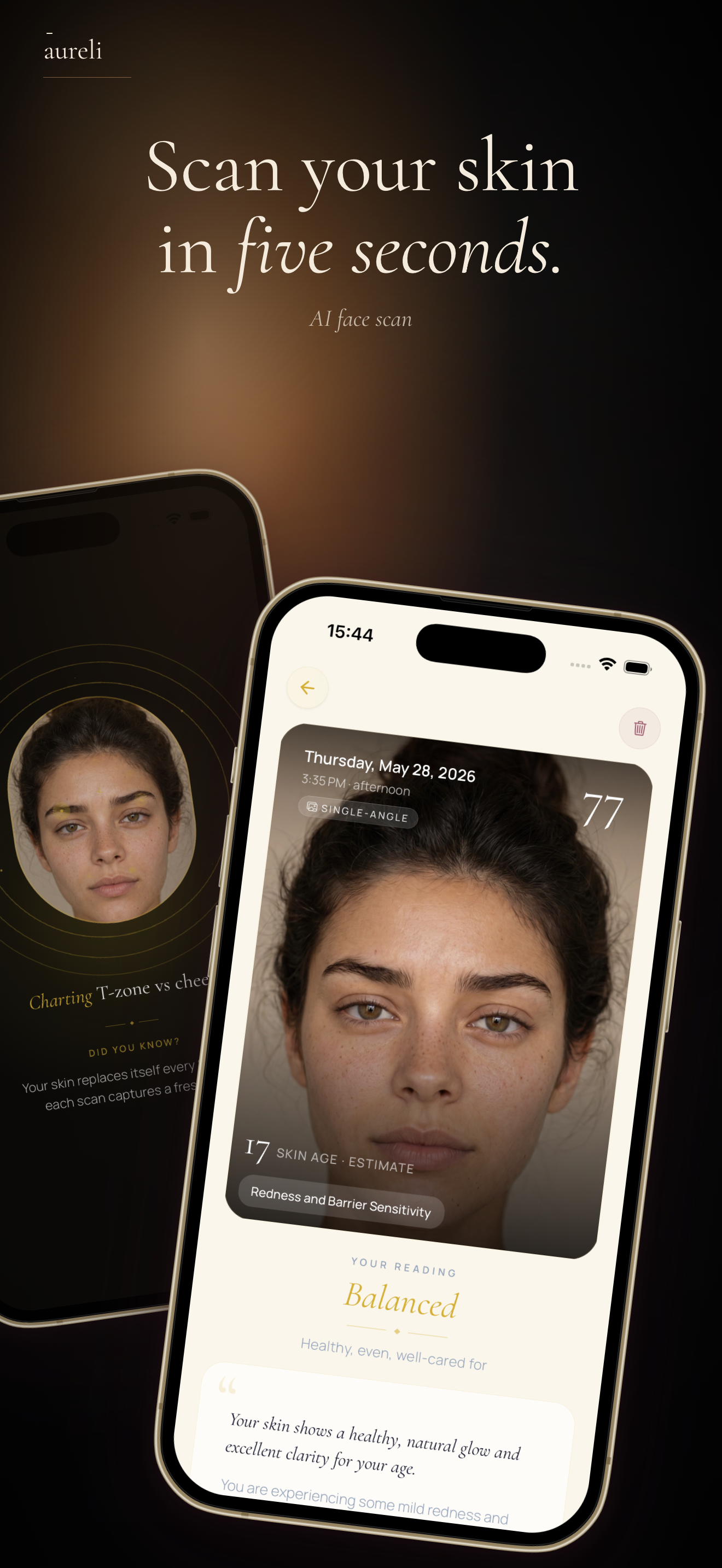 Aureli AI face scan — skin score and verdict in 5 seconds